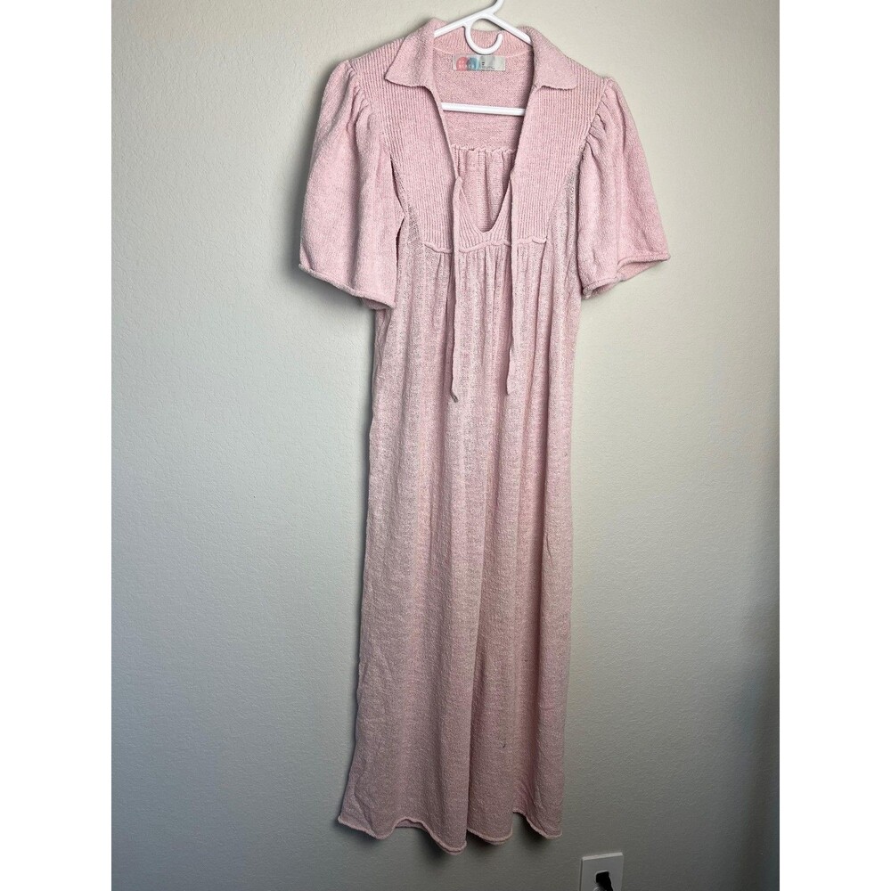 FP Beach Dress Womens XS Pink Maxi Sweater Dress Puff Sleeve Tasseled Casual